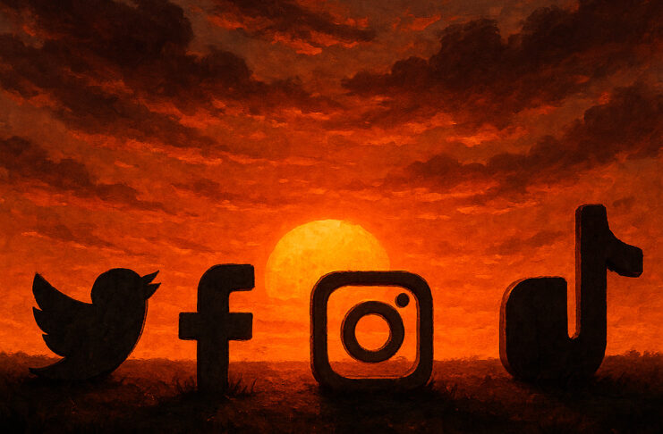 Logos de X, Facebook, Instagram y TikTok con el horizonte de fondo.