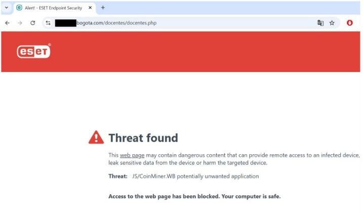 Ejemplo de un sitio educativo de Colombia que es detectado como minero de criptomoneda.